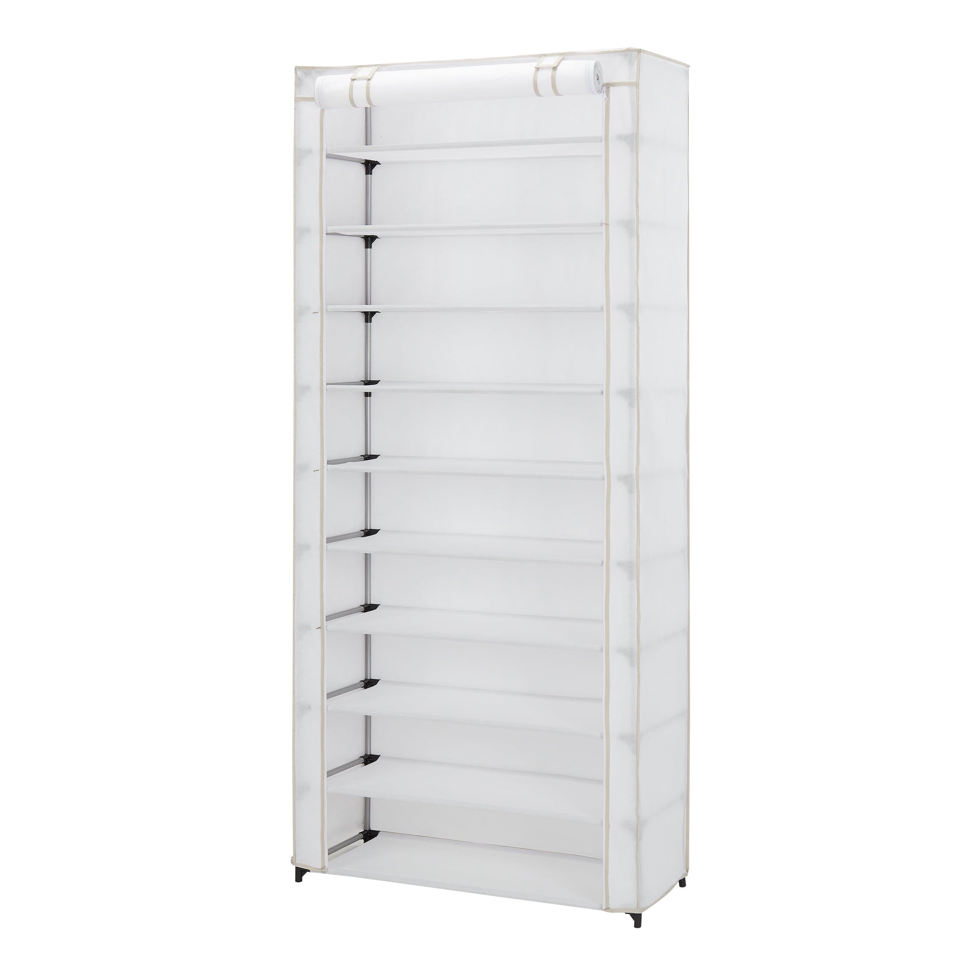 (4 Pack)  10 Shelf Organizer Shoe Rack with Cover to Hold 30 Pair Shoes, 31.5 in W X 13.46 in D X 69.09 in H, White