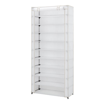 (4 Pack)  10 Shelf Organizer Shoe Rack with Cover to Hold 30 Pair Shoes, 31.5 in W X 13.46 in D X 69.09 in H, White