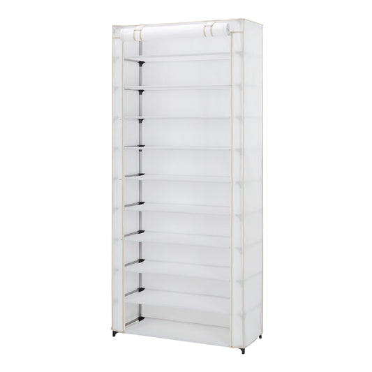 (4 Pack)  10 Shelf Organizer Shoe Rack with Cover to Hold 30 Pair Shoes, 31.5 in W X 13.46 in D X 69.09 in H, White